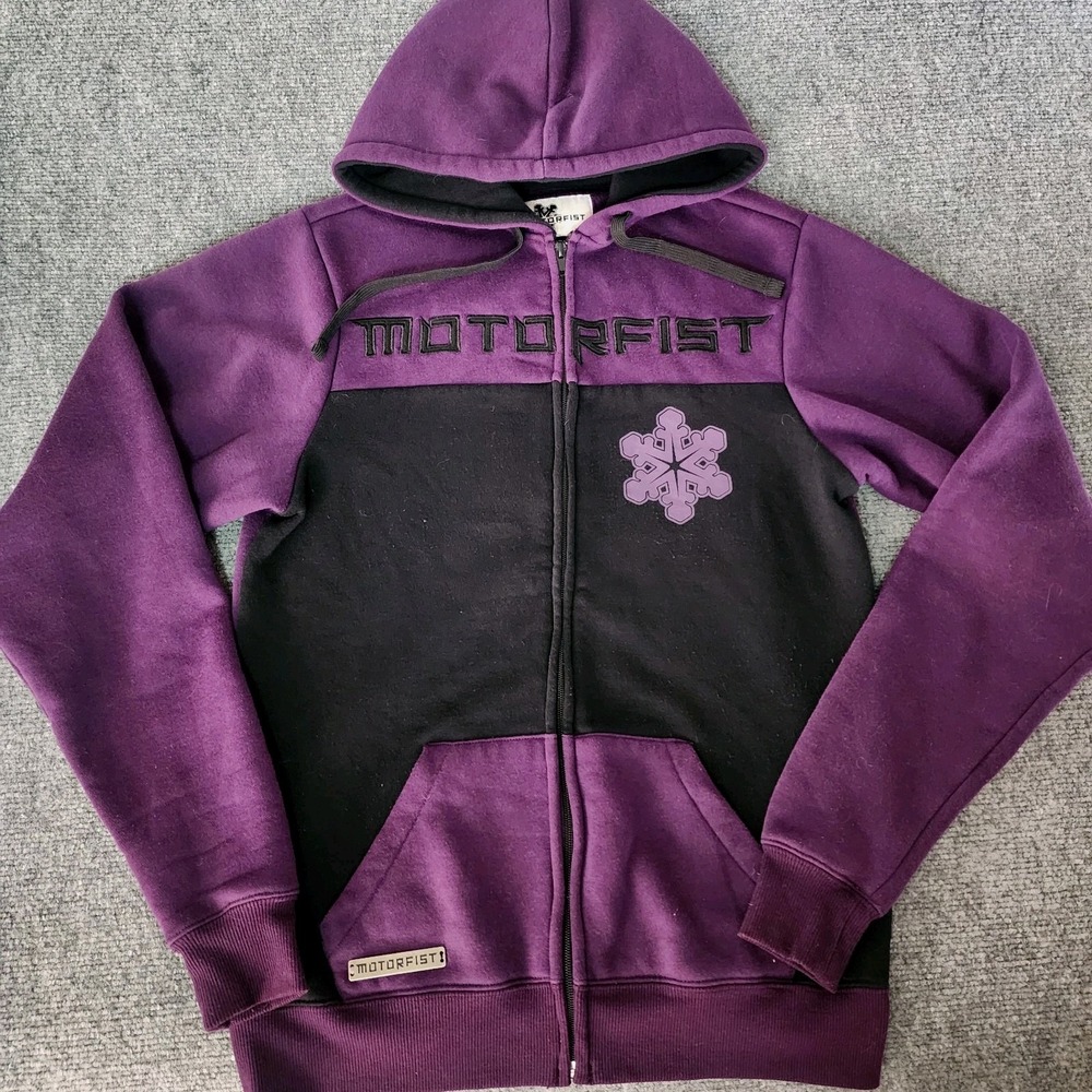 Motorfist Snowmobile Hoodie Purple‎ Black Zip Up Sweatshirt Snowflake Logo M